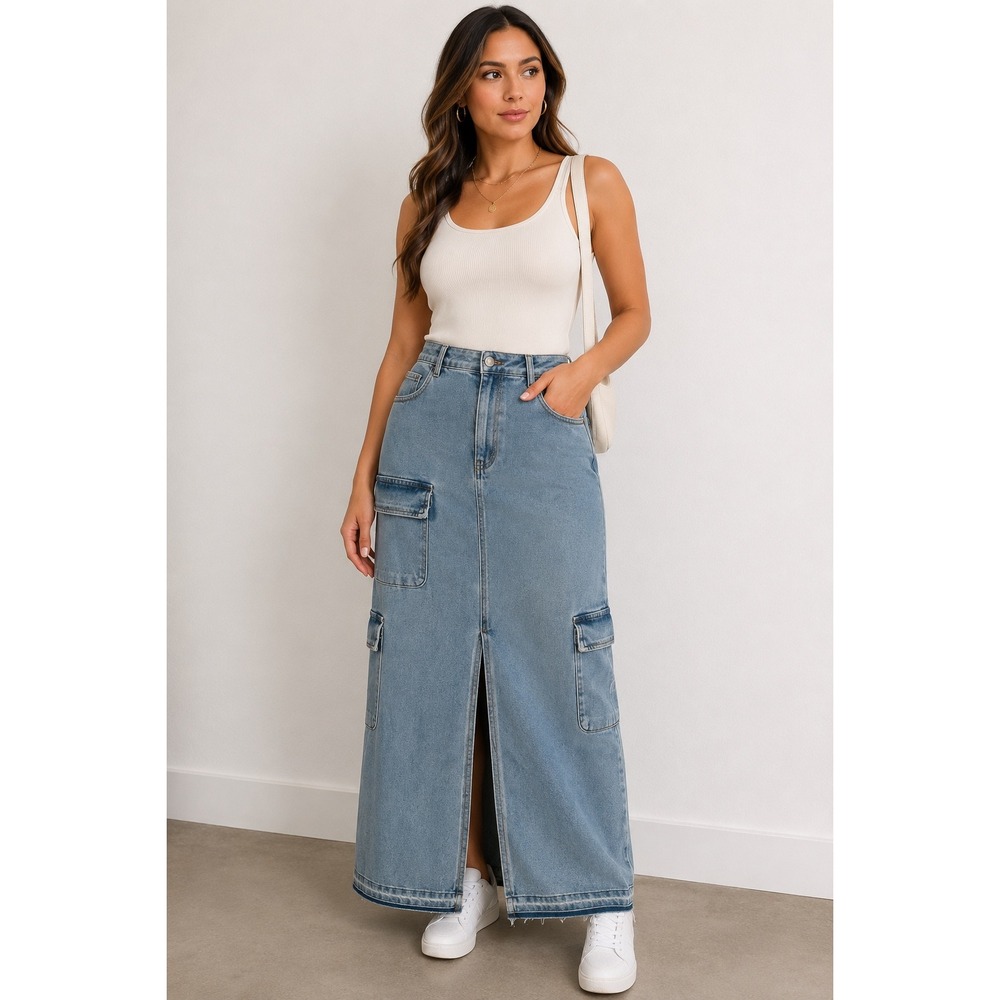 Tinseltown Womens Light Wash Denim Cargo Maxi Skirt Front Slit Size 13 Western